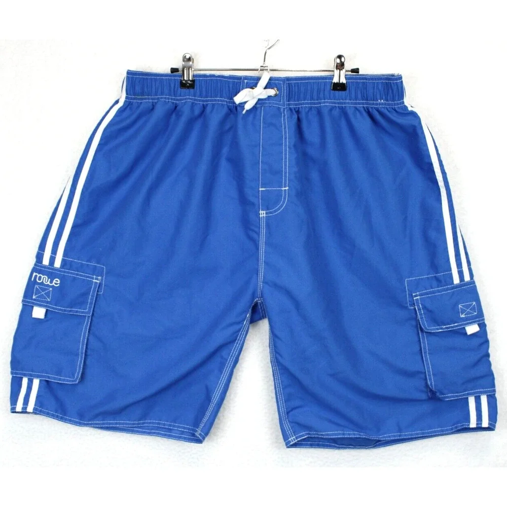 Nonwe Cargo Swim Trunks Men 38 Drawstring White Side Stripe Blue Beach Shorts